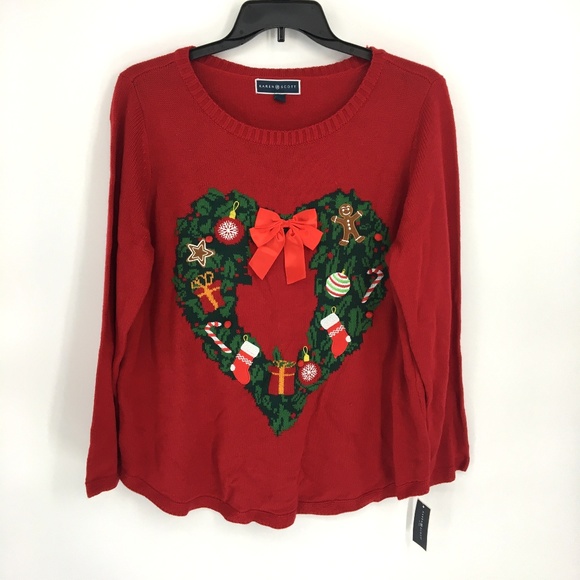 Karen Scott Red & Green Heart Wreath Ugly Christmas Sweater - Picture 2 of 8